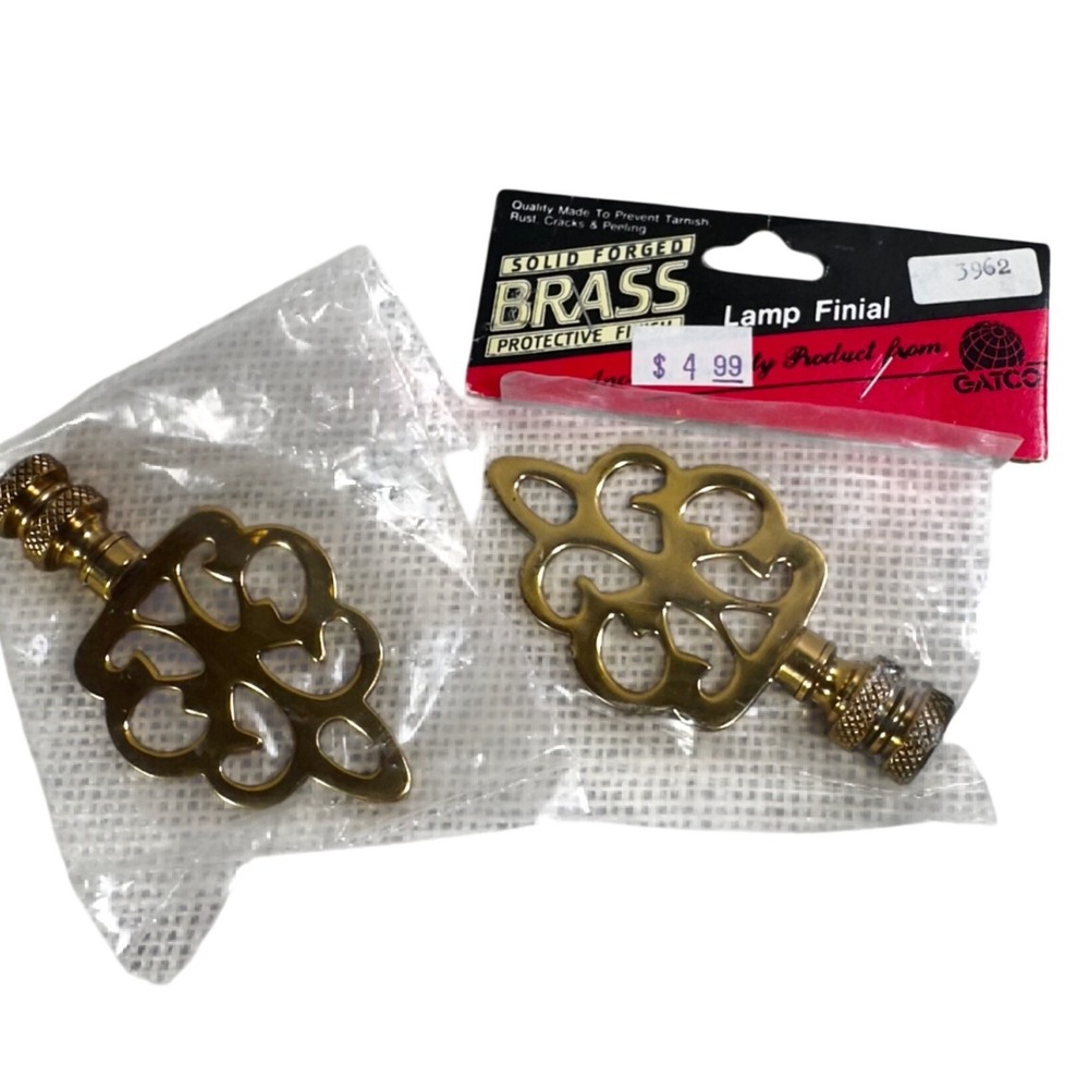 Gatco Solid Forged Brass Lamp Finials Pair 3" Openwork Scroll Design Vintage NOS